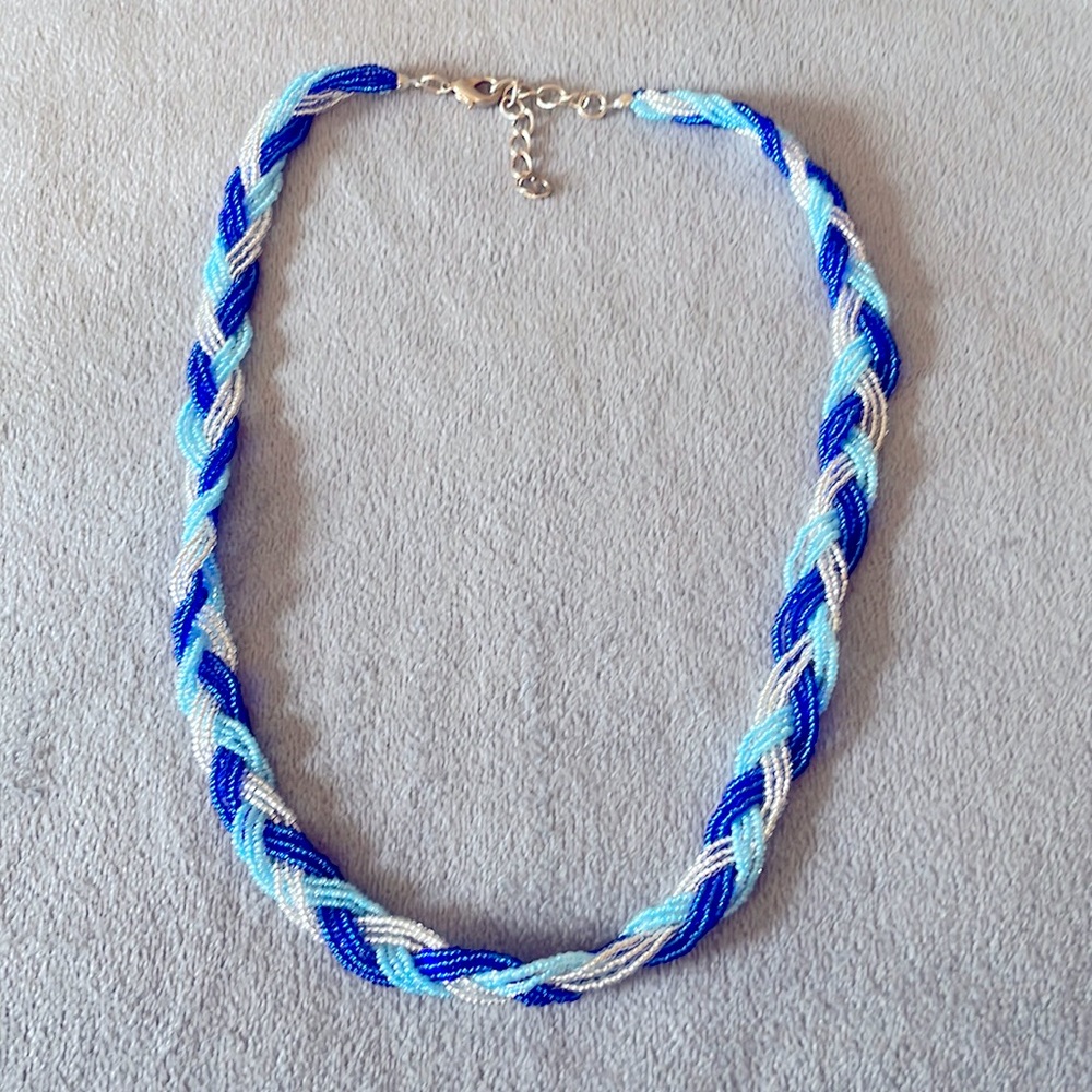 Blue/Silver beaded braided necklace, just under 20 inches